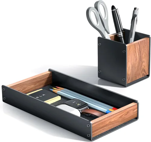 Vista 8 de UPERGO Bandeja Organizadora de Escritorio con Cajón para Oficina en Casa, Bandeja Organizadora de Escritorio de Nogal para Llaves, Bolígrafo, Reloj