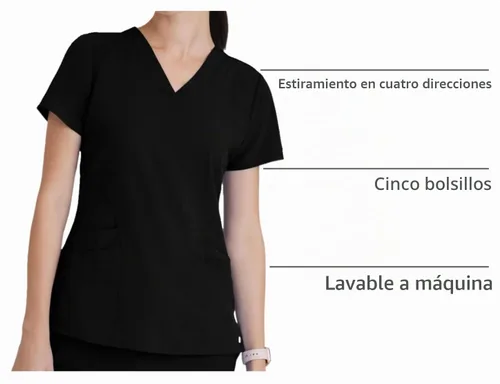 Vista 4 de BARCO ONE - Camiseta médica con cuello en V y 5 bolsillos, elástico de 4 vías, para mujer Negro