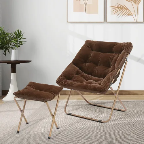 Vista 2 de Cómoda silla con platillo, silla de sala de estar, silla plegable acolchada suave de piel sintética, cómoda silla cuadrada de luna para sala
