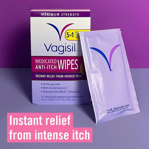 Vista 2 de Vagisil Toallitas íntimas femeninas medicadas antipicazón para mujeres, máxima potencia, probado por ginecólogos, 12 toallitas (paquete de 3)