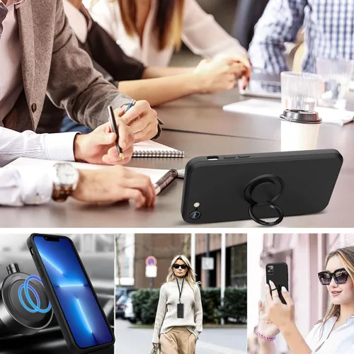 Vista 7 de Funda para iPhone SE 2022/2020, iPhone 8/7, con soporte de anillo giratorio de 360° y correa de silicona líquida delgada funda protectora para Negro