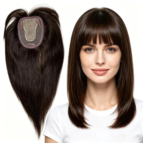 Vista 17 de Peluca de cabello humano para mujer con flequillo, peluca con clip para cabello fino + base de cuero cabelludo de poliuretano de alta densidad
