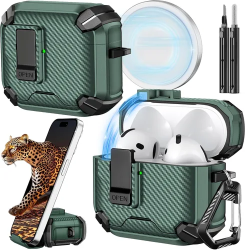 Vista 11 de Inesore Funda para AirPods Pro 1ª/2ª con bloqueo seguro (verde oscuro) Cubierta magnética de bloqueo automático con soporte para teléfono y kit