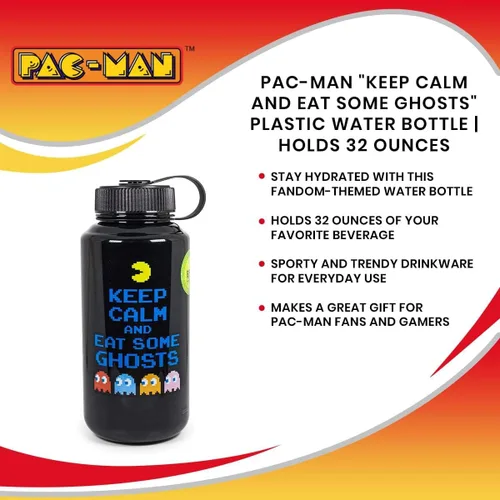 Vista 6 de JUST FUNKY Pac-Man Keep Calm And Eat Some Ghosts - Botella de agua de plástico grande sin BPA con tapa superior de rosca, hidratación para deportes