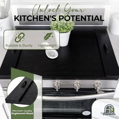 Vista 7 de Cubierta para estufa de tabla de fideos con asas, cubierta superior de estufa eléctrica y de gas de madera rústica, decoración de cocina de granja