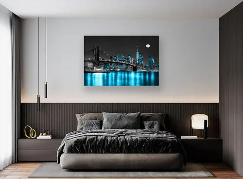 Vista 6 de Aibonnly Arte de Pared Pintura en Lienzo Negro, Blanco y Azul Puente de Brooklyn de Nueva York 1 Pieza Paisaje Urbano Nocturno Edificio Imagen