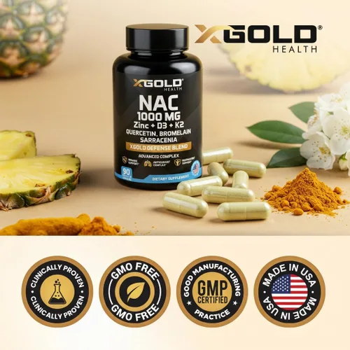 Vista 7 de XGold Health NAC 1000 mg con quercetina 95%, bromelina, zinc, vitamina C, apoyo inmunológico D3 y K2 y suplemento antioxidante Mezcla de defensa
