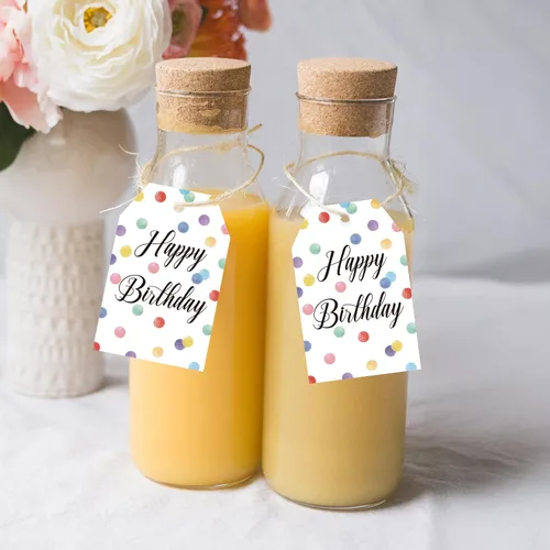 Vista 6 de Etiquetas de regalo de cumpleaños Anwyll - 50 piezas con cuerda para regalos, recuerdos de fiesta, baby shower - Etiquetas de papel con puntos