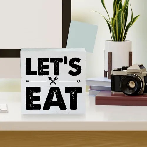 Vista 4 de Letrero de madera con texto en inglés "Let's Eat" de granja con texto en inglés "Let's Eat", moderno bloque de madera, letrero de mesa para comedor