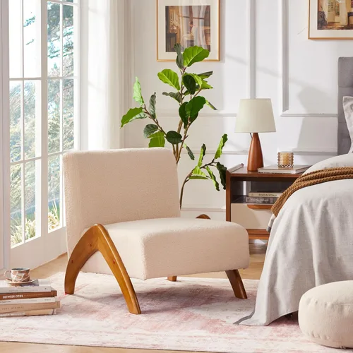 Vista 8 de Silla decorativa de gran tamaño, tapizada sin brazos de mediados de siglo, moderna silla de sala de estar con patas de madera para dormitorio Beige