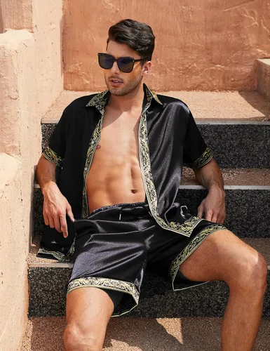Vista 3 de Conjunto de camisa hawaiana y pantalón corto para hombre, conjunto de 2 piezas, estampado de lujo, casual, con botones, manga corta, camisa de satén