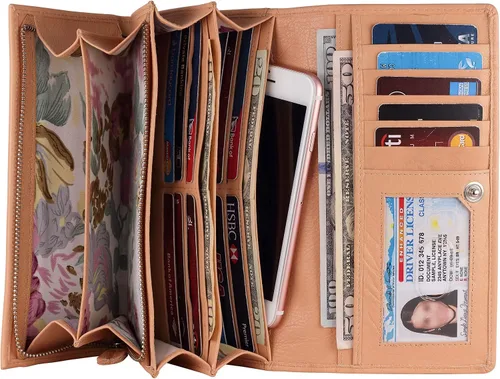 Vista 8 de Mou Meraki - Billetera o bolsa de mano de cuero genuino, con bloqueo de seguridad RFID, con escudo contra el robo de identidad, para mujeres