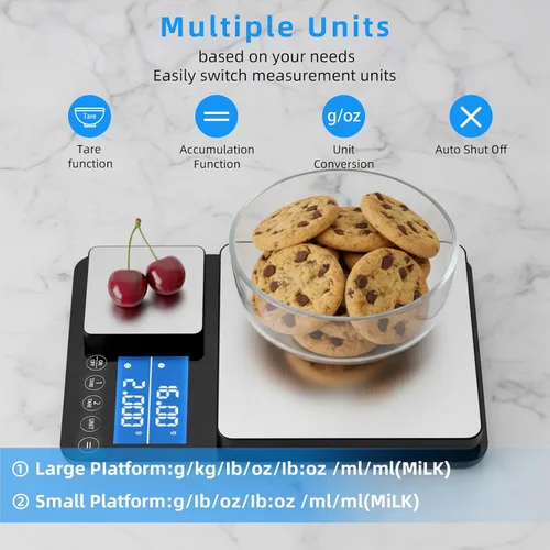 Vista 3 de Diyife - Báscula de cocina de doble plataforma de 0.001 oz/33 libras, báscula de alimentos de acero inoxidable de 9.4 pulgadas con dos precisiones