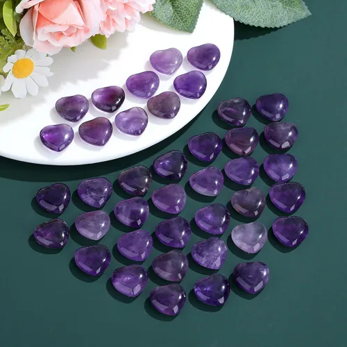 Vista 5 de 20 piezas de cristales de amatista, piedras curativas en forma de corazón, cristal pulido, morado natural, lindo bolsillo pulgar, reiki, juego al