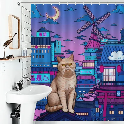 Vista 2 de Cortina de ducha de gato japonés de neón, impermeable, de poliéster, decoración retro para niños y adultos, se adapta a bañera, ducha y ventana