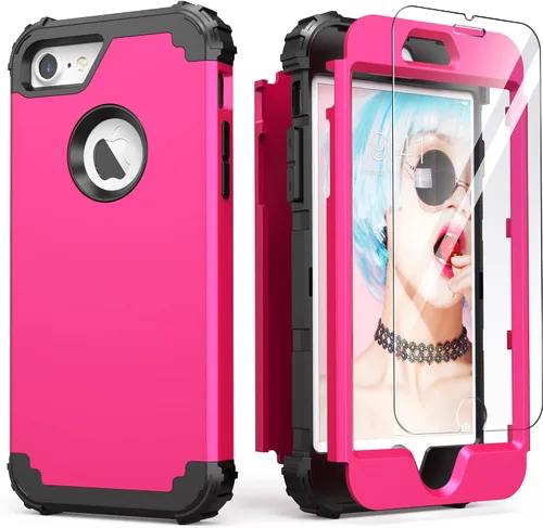 Vista 14 de IDweel Funda para iPhone 8 con Protector de Pantalla de Vidrio Templado, para iPhone 7, 3 en 1, Resistente a Golpes, Delgada, Híbrida, de Servicio