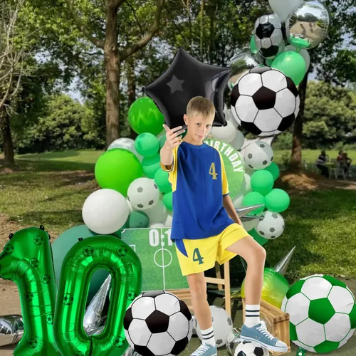 Vista 5 de Decoraciones de fiesta de fútbol, globos de papel de aluminio de fútbol, globos de aluminio número 10 para niños fanáticos del fútbol, fiesta
