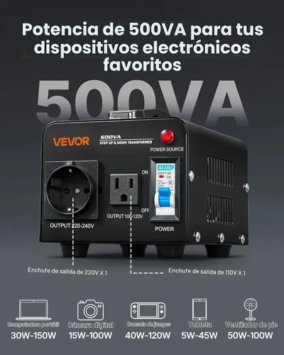 Vista 4 de VEVOR Transformador convertidor de voltaje, 500 VA, transformador de potencia elevador/abajo de servicio pesado, convertir de 110 V a 220 V y 220 V