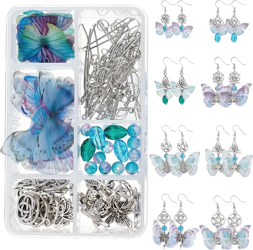 Vista 14 de SUNNYCLUE 1 caja de bricolaje 10 pares de dijes de alas de mariposa de hada, kits de fabricación de aretes de tela de organza, dijes de mariposas