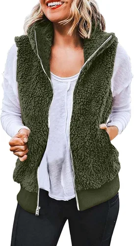 Vista 2 de YAFINMO Women's Fuzzy Sherpa Fleece Jacket Lightweight Vest Cozy Sleeveless Cardigan Zipper Waistcoat Outerwear with Hood