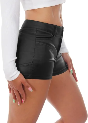 Vista 5 de RAMISU Pantalones cortos de mezclilla ajustados y elásticos para mujer, con aspecto de cuero, con bolsillos