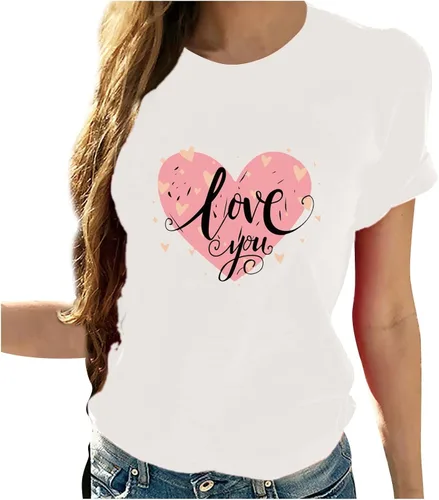 Vista 48 de Camisetas de manga corta con estampado de corazón para mujer, camisetas de ajuste regular, linda y divertida, ropa de regalo 2023