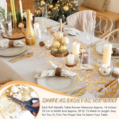 Vista 3 de Oudain Camino de mesa dorado de 14 pulgadas de ancho con lentejuelas y purpurina, rollo de malla metálica, decoración de fiesta para centros