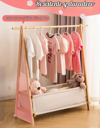 Vista 5 de Perchero de ropa para niños con caja de almacenamiento, Perchero de disfraces para niños, Perchero de disfraces de danza para colgar ropa, Perchero