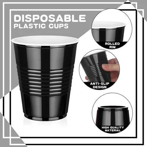 Vista 7 de Paquete de 100 vasos desechables de plástico negro de 12 onzas, vasos resistentes para beber para degustación de cerveza servir aperitivos
