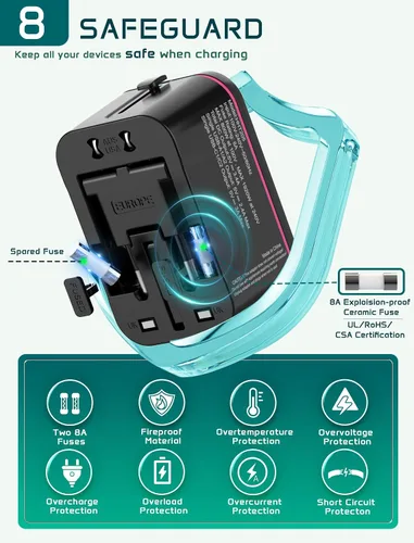 Vista 6 de Adaptador de viaje universal en todo el mundo, adaptador de enchufe de viaje europeo con 2 USB C, 2 USB A y múltiples salidas de CA, convertidor