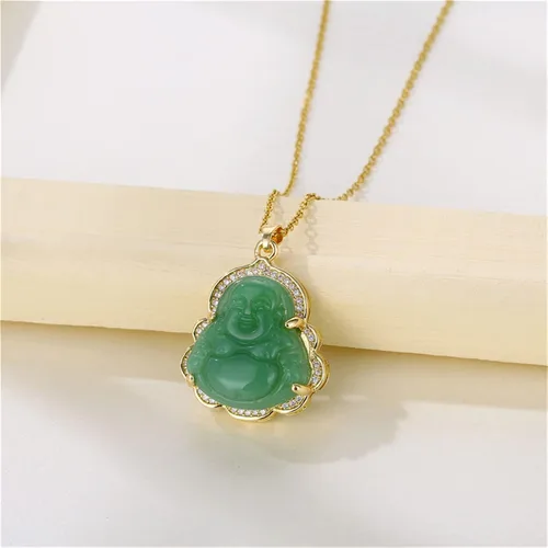 Vista 6 de Juego de 2 collares con dije de Buda de la suerte que ríe, cadena ajustable de eslabones de acero inoxidable, collar budista de cuentas de circonita