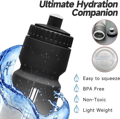 Vista 5 de Botella de agua para bicicleta, botella de agua exprimible para ciclismo, a prueba de fugas, sin BPA, con escala de capacidad con tapa superior