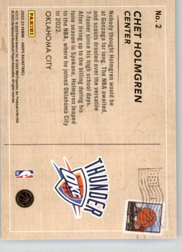 Vista 2 de 2022-23 Panini NBA Hoops Rookie Greetings #2 Chet Holmgren Oklahoma City Thunder Tarjeta de baloncesto insertada exclusiva