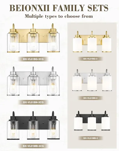 Vista 7 de Beionxii BX-VL01BG-3CG - Lámpara de tocador de baño, 3 lámparas doradas claras con pantalla de cristal transparente, accesorios de iluminación
