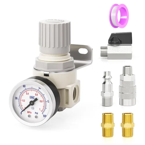 Vista 8 de TAILONZ PNEUMATIC Kit de Regulador de Presión Mini AR2000 de 5 en 1 de 1/4 Pulgada NPT para Sistemas de Aire Comprimido, Ajuste de 0 a 145 Psi Azul