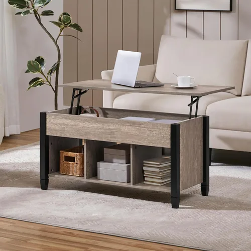 Vista 2 de Yaheetech Mesa auxiliar gris, mesa de centro elevable con compartimento oculto y estante, mesa de comedor elevable para sala de estar, recepción