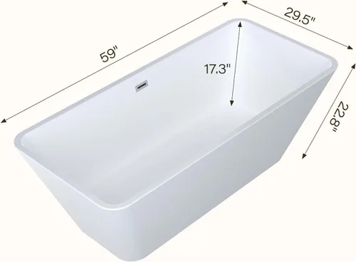 Vista 2 de Bañera independiente de acrílico de 59 pulgadas, bañera profunda para remojo, cuadrado moderno Blanco perla y blanco