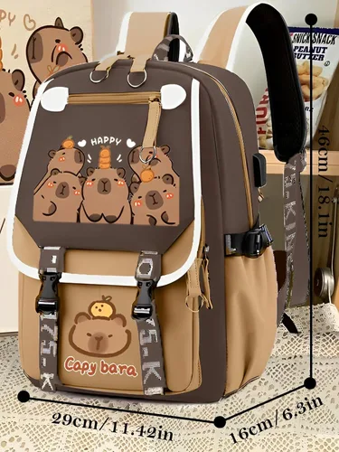Vista 5 de Mochila impermeable de Capybara, mochila Kawaii de gran capacidad con 11 piezas de accesorios, Grande