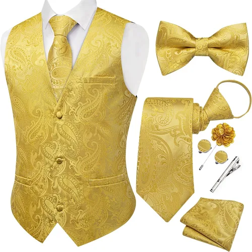 Vista 29 de DiBanGu Conjunto de chaleco de traje de cachemira y corbata preatada para Dorado y Negro