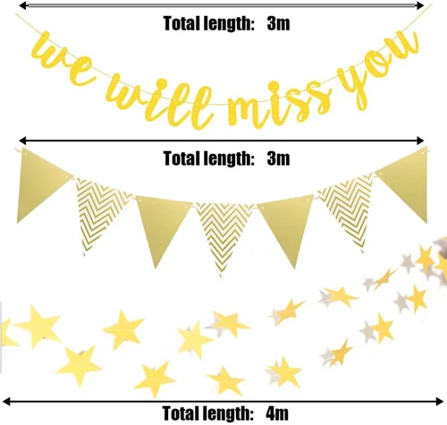 Vista 2 de Cartel de graduación con purpurina dorada con texto en inglés "We Will Miss You and Triangle", pancarta de estrella en espiral para decoración