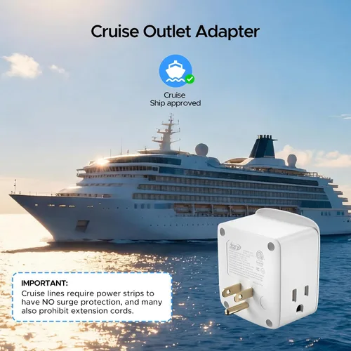 Vista 4 de Extensor de salida aprobado para cruceros, regleta de alimentación sin sobretensiones con 3 salidas de CA y 2 USB (1 USB-C), adaptador de enchufe