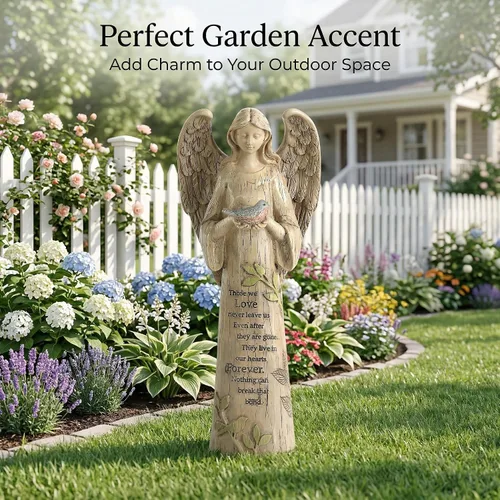 Vista 2 de Estatua de ángel de resina con pájaro, escultura de jardín al aire libre de 10 pulgadas para patio y césped, regalo conmemorativo impermeable