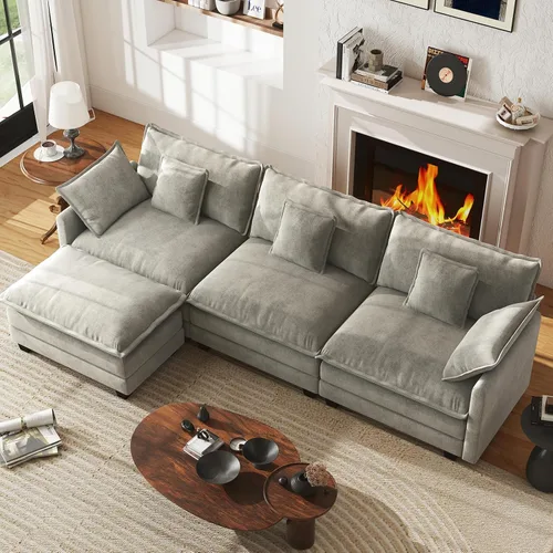 Vista 50 de Sofá de nube en forma de L de 77 pulgadas, sofá modular con otomana, cómodo sofá biplaza de felpilla con almohada para sala de estar, dormitorio