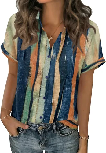 Vista 20 de Zeagoo Blusas de verano de manga corta para mujer, camisas casuales con botones, blusas de trabajo de negocios sólidas/a rayas