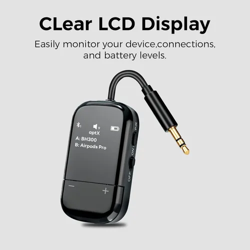 Vista 2 de Transmisor de audio Bluetooth 5.3 para avión con Qualcomm aptX adaptativo, pantalla LCD, soporte de dispositivo doble, batería de 30 horas, AUX