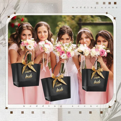 Vista 5 de Tenceur 16 bolsas de regalo de novia con lazo para dama de honor, bolsas de papel con asa, color negro para despedidas de soltera, bodas, despedidas