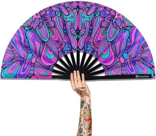 Vista 17 de Abanico Plegable Grande, Abanico Rave Clack de 13 Pulgadas, Abanico de Mano para Mujeres y Hombres con Tela de Satén Premium, Marco de Bambú Grueso