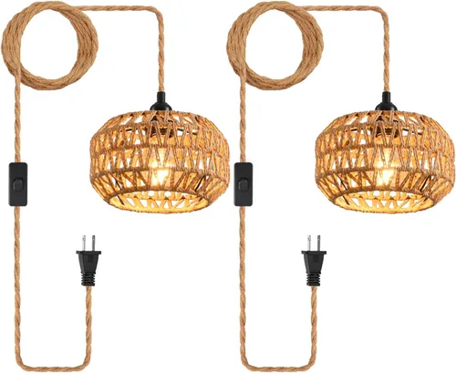 Vista 12 de Lámpara colgante industrial con cable enchufable, interruptor de encendido/apagado de cuerda de cáñamo, lámpara colgante de granja para comedor
