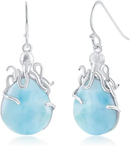 Vista 10 de Beaux Bijoux Aretes de plata de ley azul larimar para mujer, joyería natural de larimar, diseño de animales marinos, pez de pulpo de tortuga