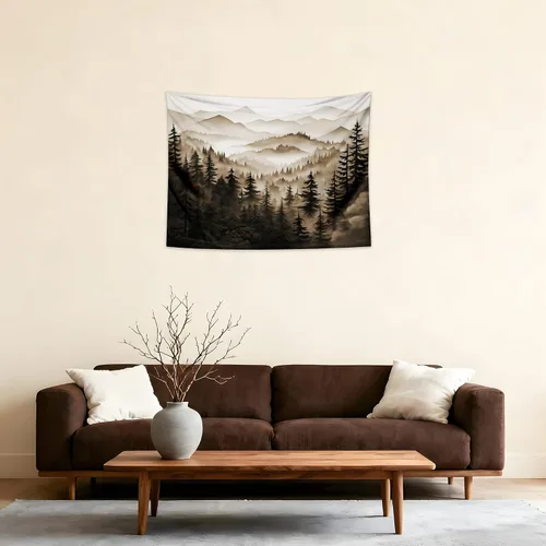 Vista 27 de QGHOT Tapiz de bosque brumoso, tapiz de montaña natural para colgar en la pared, paisaje de acuarela verde salvia, arte de pared para dormitorio